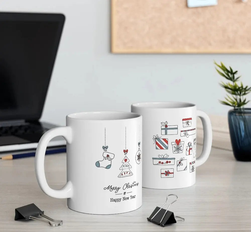 Merry Christmas Mug with Stockings and Presents Yellow Pandora